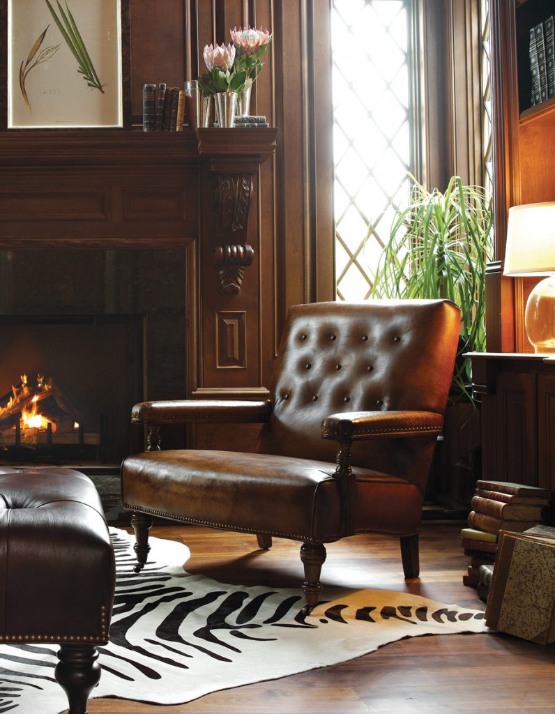 Fireplace Chair by Hancock & Moore is in the English Downton Abbey style